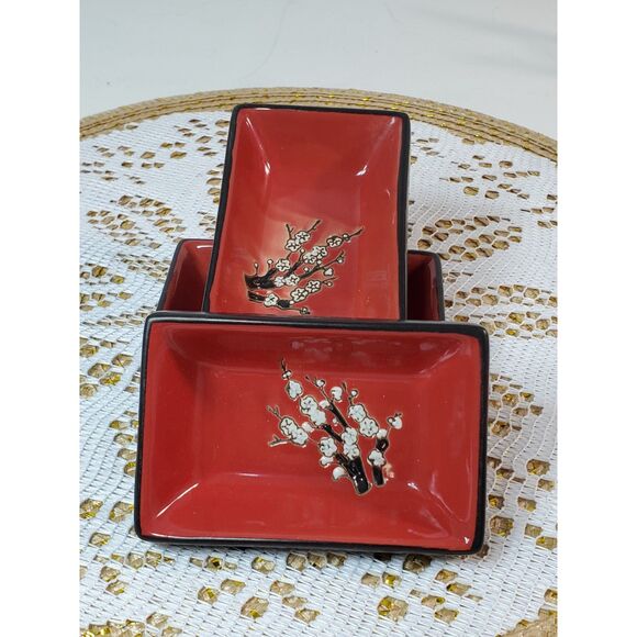 Vintage Visun China Dipping Dishes Red Interior White Flora 3 in the Set Vintage - Picture 3 of 11